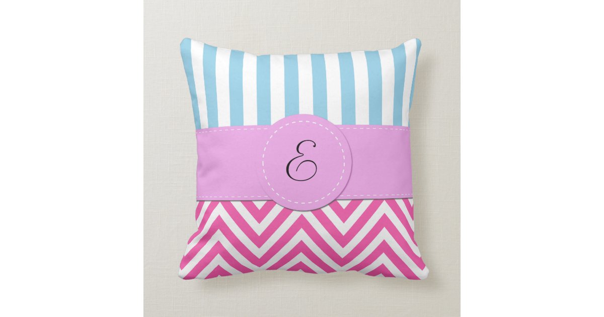 Monogram - Zigzag (Chevron) - Pink White Blue Throw Pillow Zazzle