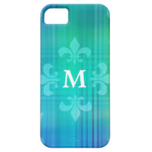 Monograma azul personalizado de la flor de lis iPhone 5 carcasa