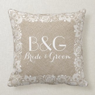 Monogramed Beige Linen And White Lace Frame Throw Pillows