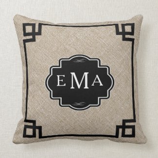 Monogramed Beige Linen With Black Frame Throw Pillows