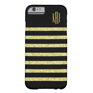 Monogramed Black And Gold Glitter Stripes Barely There iPhone 6 Case