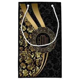 Monogramed Black & Gold Damasks Dynamic Stripes Small Gift Bag
