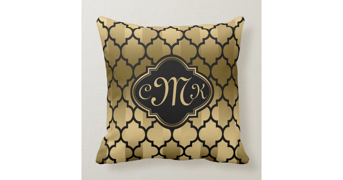 Monogramed Black & Gold Stripes & Quatrefoil Throw Pillow Zazzle