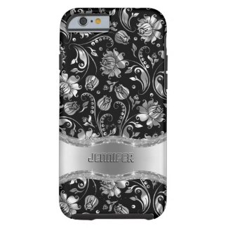 Monogramed Black & Metallic Silver Floral Damasks Tough iPhone 6 Case