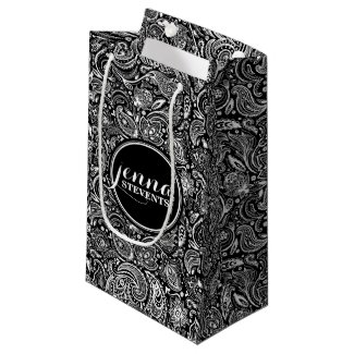 Monogramed Black & White Vintage Paisley Pattern 2 Small Gift Bag