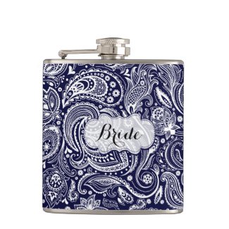 Monogramed Blue & White Floral Paisley Hip Flask