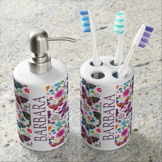 Monogramed Colorful Butterflies & Flowers Pattern Bathroom Sets