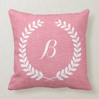 Monogramed Coral Red Linen And White Wreath Throw Pillow