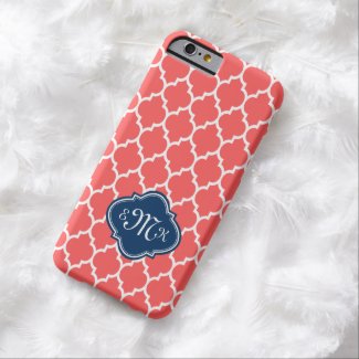 Monogramed Coral-Red & White Geometric Quatrefoil Barely There iPhone 6 Case