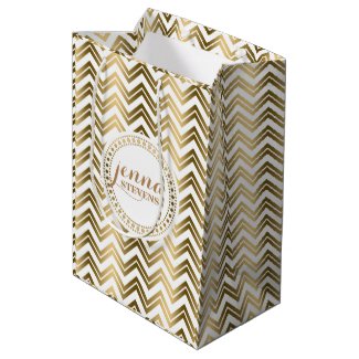 Monogramed Gold And White Zigzag Chevron Medium Gift Bag