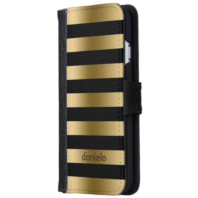 Monogramed Gold & Black Stripes Geometric Pattern iPhone 6 Wallet Case