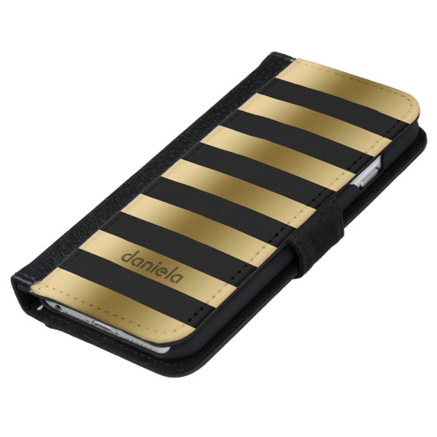 Monogramed Gold & Black Stripes Geometric Pattern iPhone 6 Wallet Case-5