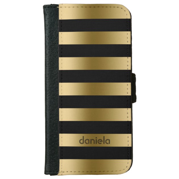 Monogramed Gold & Black Stripes Geometric Pattern iPhone 6 Wallet Case