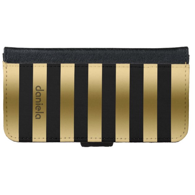 Monogramed Gold & Black Stripes Geometric Pattern iPhone 6 Wallet Case-4