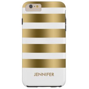 Monogramed Gold Stripes Over White Background Tough iPhone 6 Plus Case
