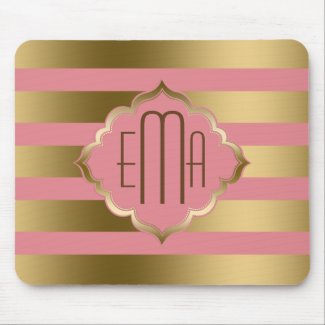 Monogramed Gold Stripes & Pink Geometric Pattern Mouse Pad