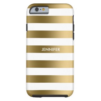 Monogramed Gold Stripes White Background Tough iPhone 6 Case