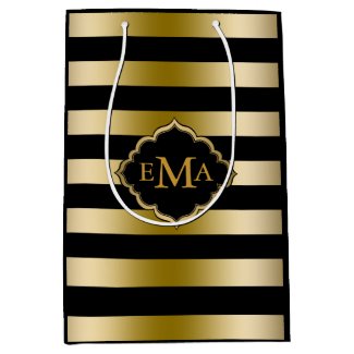 Monogramed Gold Tones & Black Stripes Pattern Medium Gift Bag