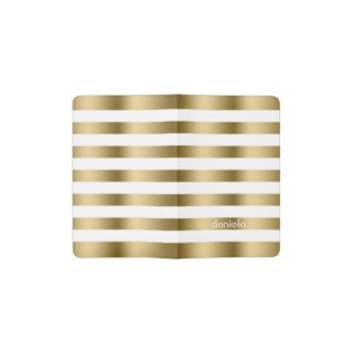 Monogramed Gold & White Stripes Geometric Pattern Pocket Moleskine Notebook Cover With Notebook
