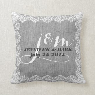Monogramed Gray Linen & White Lace Wedding Pillow Throw Pillows