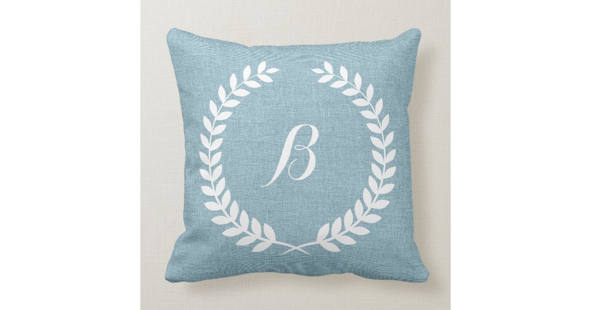 Monogramed Light Blue Linen And White Wreath Throw Pillow Zazzle