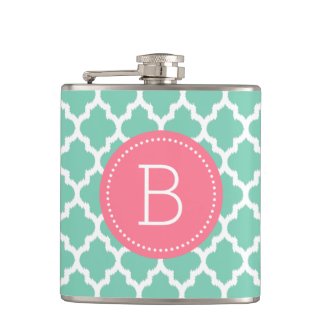 Monogramed Mint On White Ikat Quatrefoil Flasks