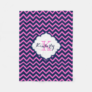 Monogramed Navy-Blue And Pink Zigzag Chevron Fleece Blanket