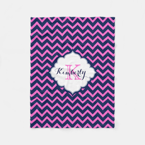 Monogramed Navy-Blue And Pink Zigzag Chevron Fleece Blanket