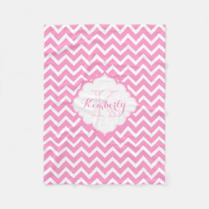Monogramed Pink And White Zigzag Chevron Fleece Blanket