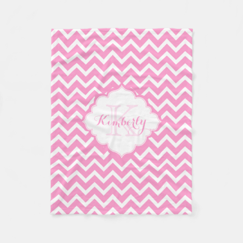Monogramed Pink And White Zigzag Chevron Fleece Blanket