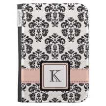 Monogramed Pink Black Damask Kindle 3 Folio Case Kindle Keyboard Cases
