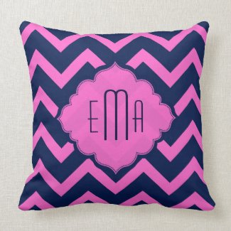 Monogramed Pink & Blue Geometric Zigzag Chevron Pillow