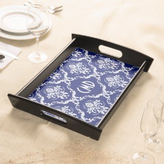 Monogramed White Floral Damask On Royal-Blue Serving Platters
