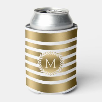 Monogramed White & Gold Stripes & White Wreath Can Cooler