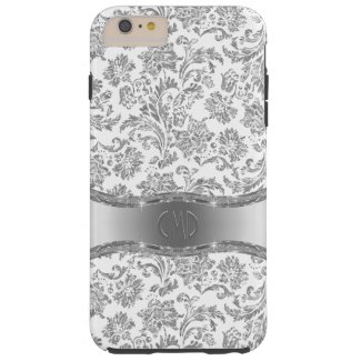 Monogramed White & Metallic Silver Floral Damasks Tough iPhone 6 Plus Case