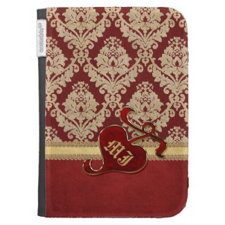 Monogrammed Antique Damask Gold Red Pomegranate Kindle 3G Covers