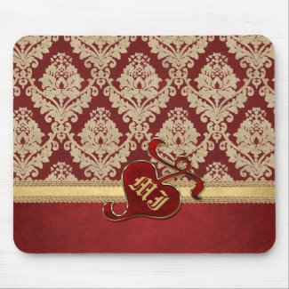 Monogrammed Antique Damask Gold Red Pomegranate Mouse Pads