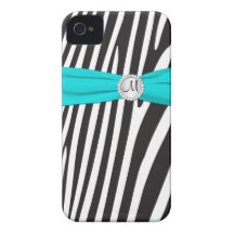 Monogrammed Aqua, Black, White Zebra Striped iPhone 4 Cases