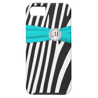 Monogrammed Aqua, Black, White Zebra Striped iPhone 5 Cases