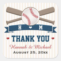 MONOGRAMMED BASEBALL THANK YOU WEDDING FAVOR SQUARE STICKERS