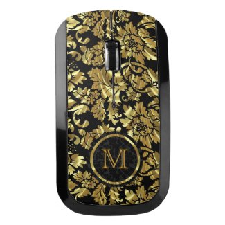 Monogrammed Black And Gold Damask Wireless Mouse