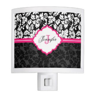 Monogrammed Black And White Damask And Pink Stripe Nite Lights