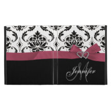 Monogrammed Black Damask Pink Bow Diamond Hearts iPad Folio Cover