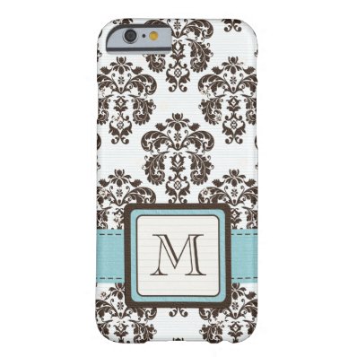 Monogrammed Blue Brown Damask Barely There iPhone 6 Case