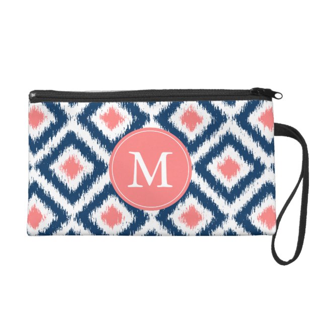 Monogrammed Blue Coral Diamonds Ikat Pattern Wristlet Purses