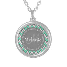 Monogrammed Blue & Grey Chevron Pattern Necklaces