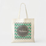Monogrammed Blue & Grey Chevron Pattern Tote Bags