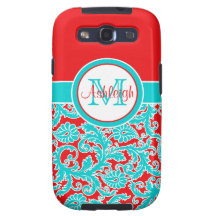Monogrammed Blue, Red, White Damask Galaxy S3 Case