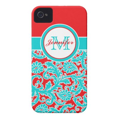 Monogrammed Blue, Red, White Damask iPhone 4 Iphone 4 Cases