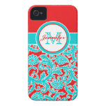 Monogrammed Blue, Red, White Damask iPhone 4 iPhone 4 Cases